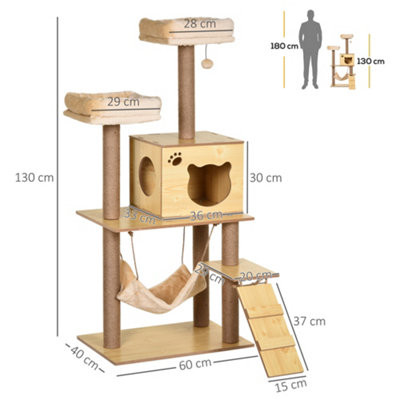 PawHut Cat Tree, 130cm Cat Tree for Indoor Cats, Multi-Level Plush Cat Tower