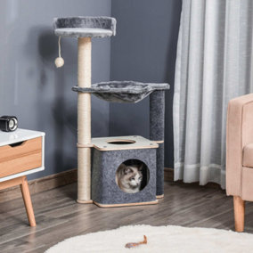 PawHut Cat Tree 95cm Climbing Tower with Sisal Scratching Post Perch Roomy Condo Hammock Removable Felt Hanging Toy
