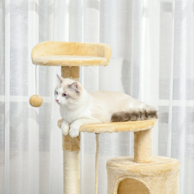 PawHut Cat Tree Activity Centre Scratching Post With Toys 4 tier Beige 114cm