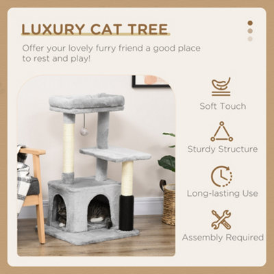 PawHut Cat Tree for Indoor Cats Climbing Tower Kitten Scratch Post with Massage Toy Hanging Ball Bed Condo Perch