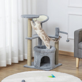 PawHut Cat Tree for Indoor Cats Kitten Play Tower Scratching Post with Condo Bed Scratcher Perch Ball Toy Grey