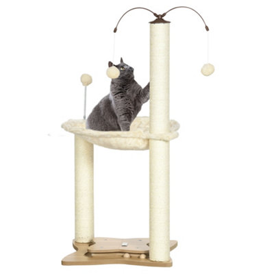 PawHut Cat Tree for Indoor Cats Kitten Play Tower w/ Sisal Scratching Post, Hammock, Toy Ball, 53.5 x 53.5 x 90cm - Beige