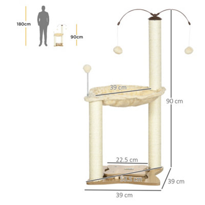 PawHut Cat Tree for Indoor Cats Kitten Play Tower w/ Sisal Scratching Post, Hammock, Toy Ball, 53.5 x 53.5 x 90cm - Beige