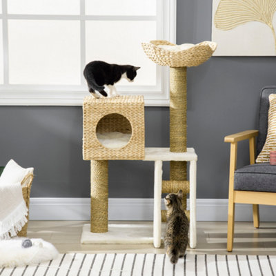 PawHut Cat Tree for Indoor Cats Kitten Tower Cattail Weave with Scratching Posts Cat House Bed