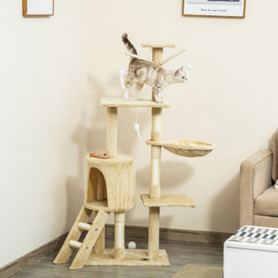 PawHut Cat Tree for Indoor Cats Kitty Activity Centre Scratcher Climbing Pet Scratching Post with Toys 5-tier 131cm Tall Beige