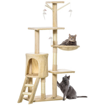 PawHut Cat Tree for Indoor Cats Kitty Activity Centre Scratcher Climbing Pet Scratching Post with Toys 5-tier 131cm Tall Beige