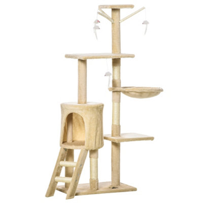PawHut Cat Tree for Indoor Cats Kitty Activity Centre Scratcher Climbing Pet Scratching Post with Toys 5-tier 131cm Tall Beige