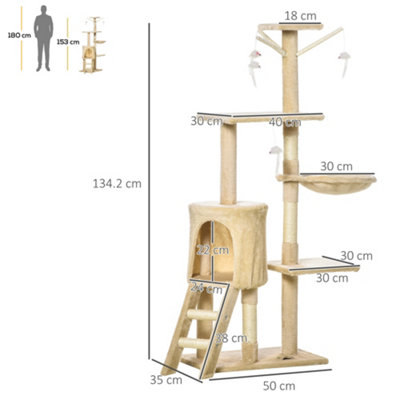 PawHut Cat Tree for Indoor Cats Kitty Activity Centre Scratcher Climbing Pet Scratching Post with Toys 5-tier 131cm Tall Beige - 3