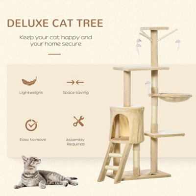 PawHut Cat Tree for Indoor Cats Kitty Activity Centre Scratcher Climbing Pet Scratching Post with Toys 5-tier 131cm Tall Beige