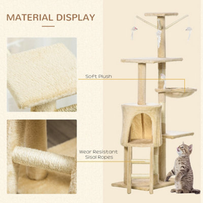 PawHut Cat Tree for Indoor Cats Kitty Activity Centre Scratcher Climbing Pet Scratching Post with Toys 5-tier 131cm Tall Beige - 5