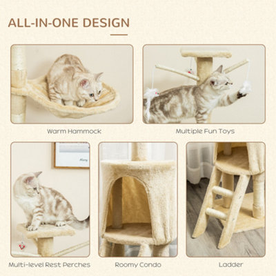 PawHut Cat Tree for Indoor Cats Kitty Activity Centre Scratcher Climbing Pet Scratching Post with Toys 5-tier 131cm Tall Beige - 7