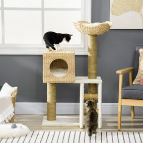PawHut Cat Tree Kitten Tower Cattail Weave w/ Scratching Posts, Bed, House