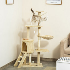 PawHut Cat Tree Kitty Activity Centre Scratching Post With Toys 5-tier Beige