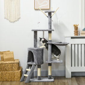 PawHut Cat Tree Kitty Activity Centre Scratching Post With Toys 5-tier Grey