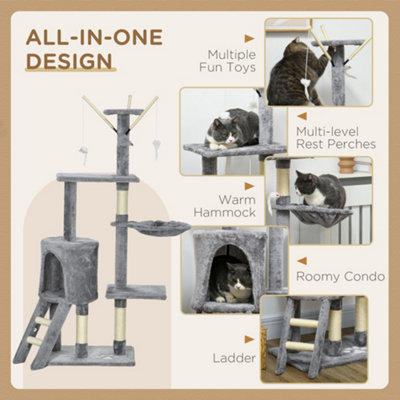 PawHut Cat Tree Kitty Activity Centre Scratching Post With Toys 5-tier Grey - 7
