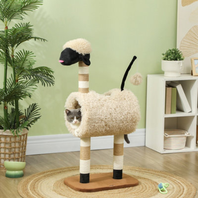 PawHut Cat Tree Sheep Design, 98 cm Multi-Level Cat Tower, Light Brown