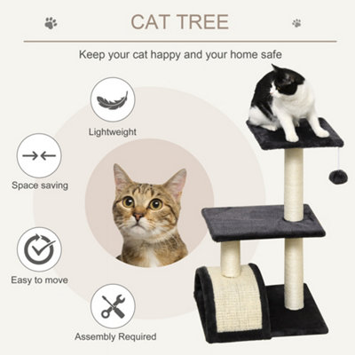 PawHut Cat Tree Tower 72cm Climbing Activity Centre Kitten with Sisal Scratching Post Pad Arc Perch Hanging Ball Toy Grey
