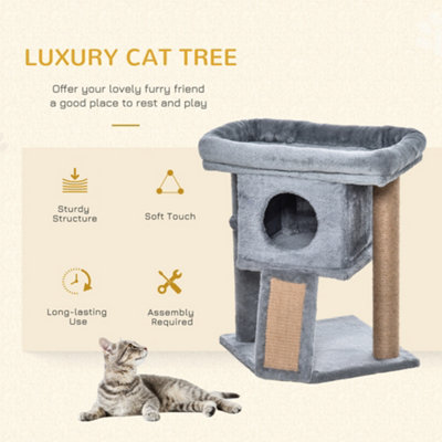 PawHut 44cm Cat Tower, Cat Tree For Indoor Cats, With Sisal Cat Scratching Post Toy Ball   Light Grey
