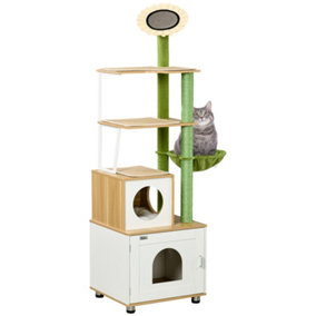 PawHut Cat Tree w/ Litter Box, Scratching Post, Cat House, Hammock - Oak Tone