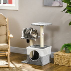PawHut Cat Tree w/ Sisal Scratching Posts, House, Perches, Toy Mouse - Grey