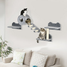 PawHut Cat Wall Furniture with Platforms, Steps, Perch, Cat House - Grey