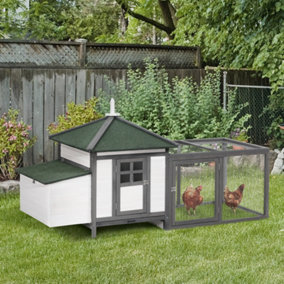 PawHut Chicken Coop Hen Poultry House w/ Nesting Box Outdoor Run Patio Wooden- Grey
