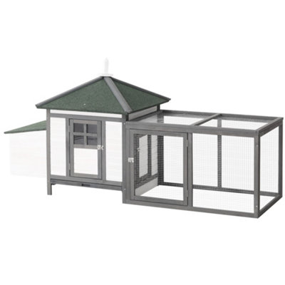 PawHut Chicken Coop Hen Poultry House w/ Nesting Box Outdoor Run Patio Wooden- Grey