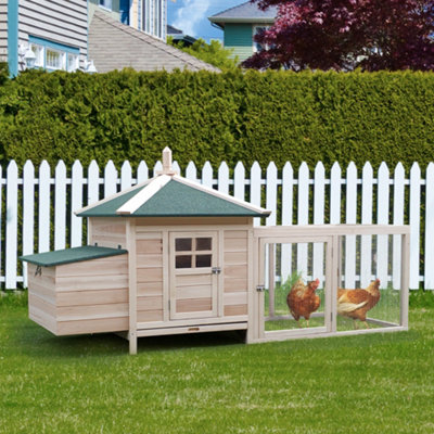 PawHut Chicken Coop Hen Poultry House w/ Nesting Box Outdoor Run Patio Wooden- Natural