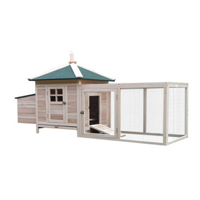 PawHut Chicken Coop Hen Poultry House w/ Nesting Box Outdoor Run Patio Wooden- Natural