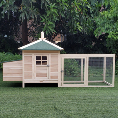 PawHut Chicken Coop Hen Poultry House w/ Nesting Box Outdoor Run Patio Wooden- Natural - 9