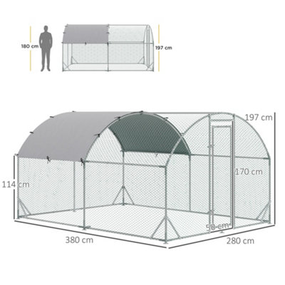 PawHut Chicken Run Two-Room Galvanised Chicken Coop Hen House w/ Cover 2.8 x 3.8 x 2m - 3