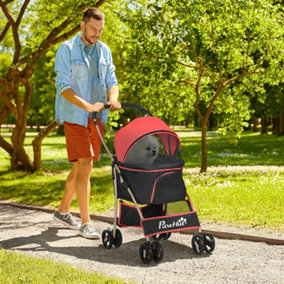 PawHut Detachable Pet Stroller, 3 In 1 Dog Cat Travel Carriage, Foldable Carrying Bag w/ Universal Wheels, Brake, Red