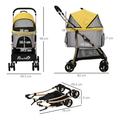 PawHut Detachable Pet Stroller, 3 In 1 Dog Cat Travel Carriage, Foldable Carrying Bag w/ Universal Wheels, Brake,Yellow
