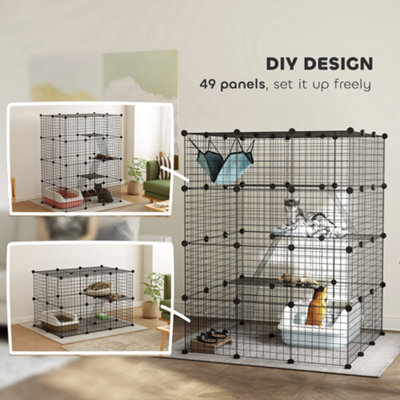 PawHut DIY 4 Tier Cat Cage Indoor with Hammock, Ramps, Doors, for 1-3 Cats