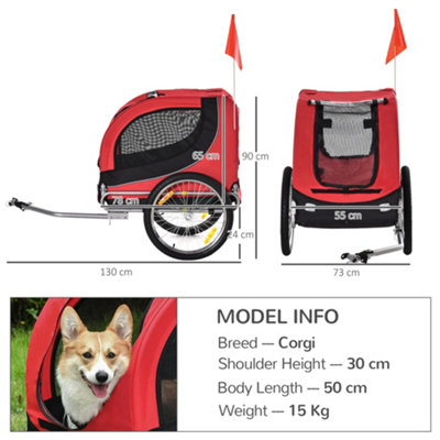 PawHut Dog Bike Trailer Pet Cart Bike Carrier Travel with Hitch Coupler Red - 3