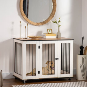 PawHut Dog Cage End Table w/ Five Wheels, Dog Crate Furniture for Large Dogs, with Lockable Door - White