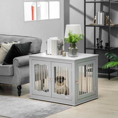 PawHut Dog Crate End Table w/ Three Doors, Furniture Style Dog Crate, for Medium Dogs, Indoor Use w/ Locks and Latches - Grey