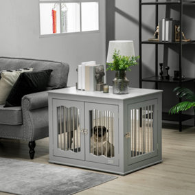 PawHut Dog Crate End Table w/ Three Doors, Furniture Style Dog Crate, for Medium Dogs, Indoor Use w/ Locks and Latches - Grey