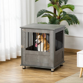 PawHut Dog Crate Furniture End Table, Pet Kennel for Small Dogs with Magnetic Door Indoor Animal Cage, Grey, 60 x 55 x 70 cm