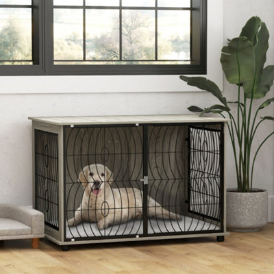PawHut Grey Dog Crate Furniture With Removable Cushion – Large Size, Steel