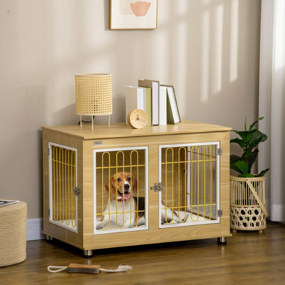 PawHut Dog Crate Furniture End Table w Soft Cushion Double Door Oak Tone