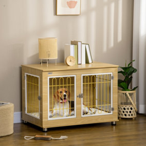 PawHut Dog Crate Furniture End Table w/ Soft Cushion, Double Door - Oak Tone