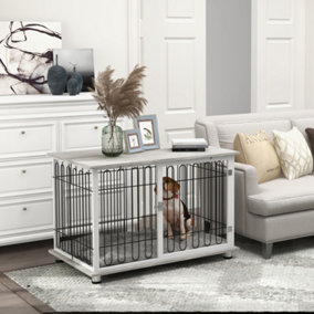 PawHut Dog Crate Furniture End Table w/ Soft Washable Cushion, Lockable Door