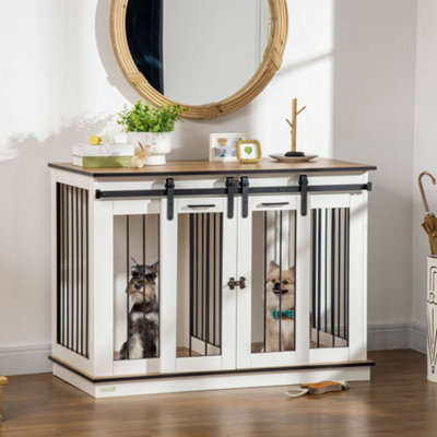 PawHut Dog Crate Furniture for Large Dog, Double Dog Cage for Small Dogs with Divider, Sliding Doors - White