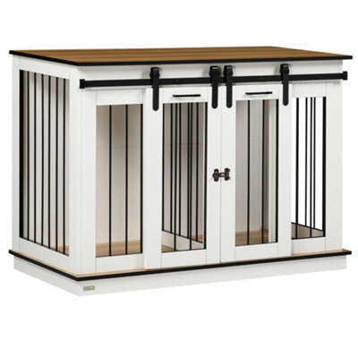 PawHut Dog Crate Furniture for Large Dog, Double Dog Cage for Small Dogs with Divider, Sliding Doors - White