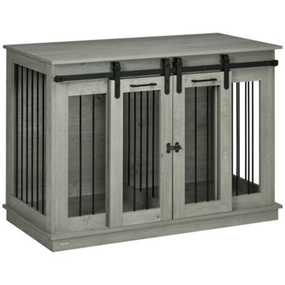 PawHut Dog Crate Furniture for Large Dogs, Double Dog Cage for Small Dogs, Grey