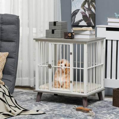 White dog crate end table sales