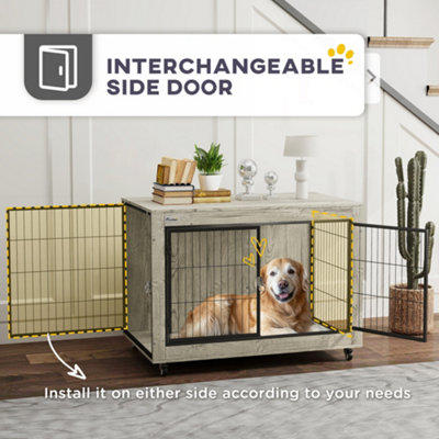 View of PawHut Dog Crate Furniture on Wheels, for Large Dogs
