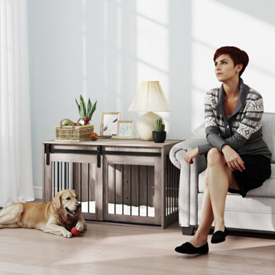 Image showcasing PawHut Dog Crate Furniture with Removable Cushion for Large Dogs - Brown
