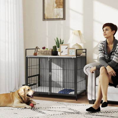 Piskyet 49 Inch XL Dog Crate Furniture With 4-in-1 Charging Station, Rotatable Feeder & Wheels - Heavy Duty